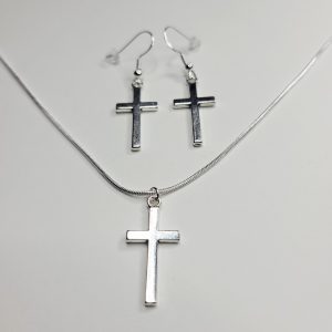 Christian Cross Charm Sterling Silver Necklace And Earrings Bundle