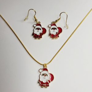 Christmas Santa Charm Gold Color Necklace And Earrings Bundle