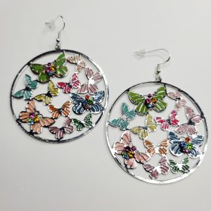 Vintage - Enameled Butterfly Large Hoop Earrings Sterling Silver Setting