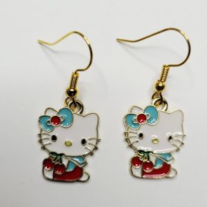 Hello Kitty Gold Teal And Red Cherry Earrings