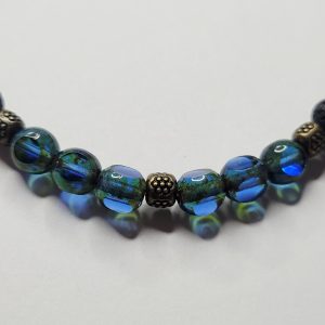 Mens Black Lava Rock And Sapphire Picasso Czech Glass Antique Bronze Bracelet