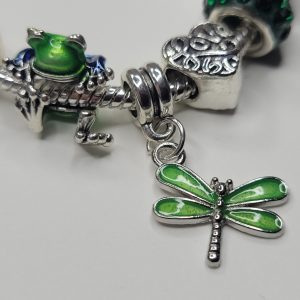 Pandora Style Charm Bracelet, Green Frog And Dragonfly - 7 to 8.25 in