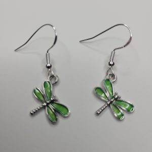 Dragonfly Charm Earrings, Green Enameled, Sterling Silver