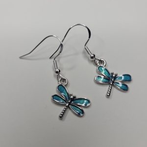Dragonfly Charm Earrings, Blue Enameled, Sterling Silver