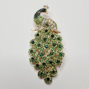 Glittery Green And Gold Peacock Brooch Pin - L