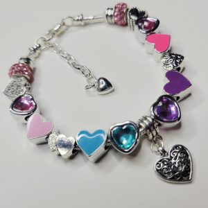 Pandora Style Charm Bracelet, All Heart Pink Purple Blue - 7.5 to 8.5 in