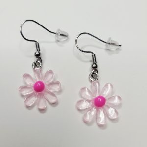 Pink Daisy Charm Earrings, Stainless Steel