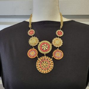 Vintage Mexican Bib Cascade Beaded Pendant Chain Necklace Orange Gold Green Red